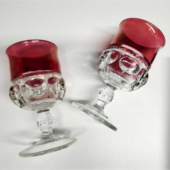 Tiffin Franciscan Cranberry Thumbprint King's Crown Vintage Glass Goblets Set - Picture 1 of 9